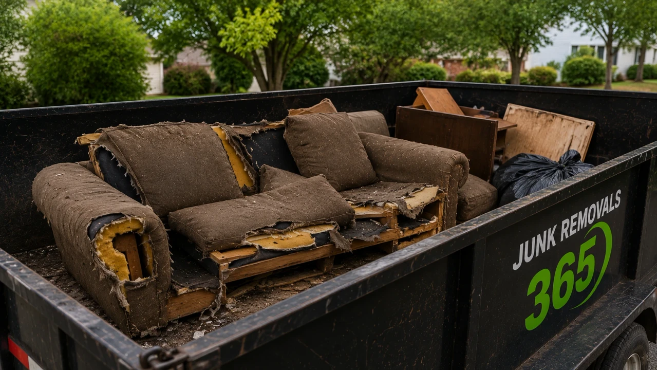Broken couch loaded into a dump trailer during furniture removal cleanup in the United States