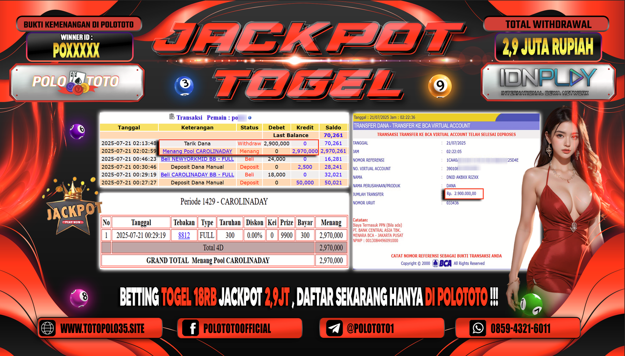 POLOTOTO JACKPOT TOGEL CAROLINA DAY Rp.2.900.000,- LUNAS