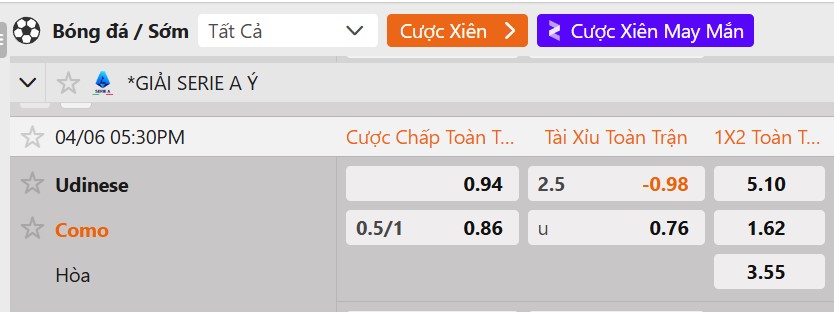 Tỷ lệ kèo Udinese vs Como
