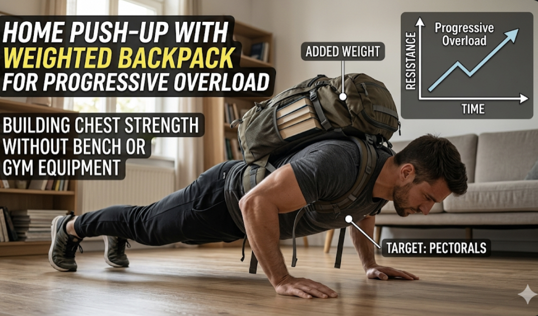 Man performing deficit push-up on stack of books at home, increased range of motion for chest muscle growth without bench