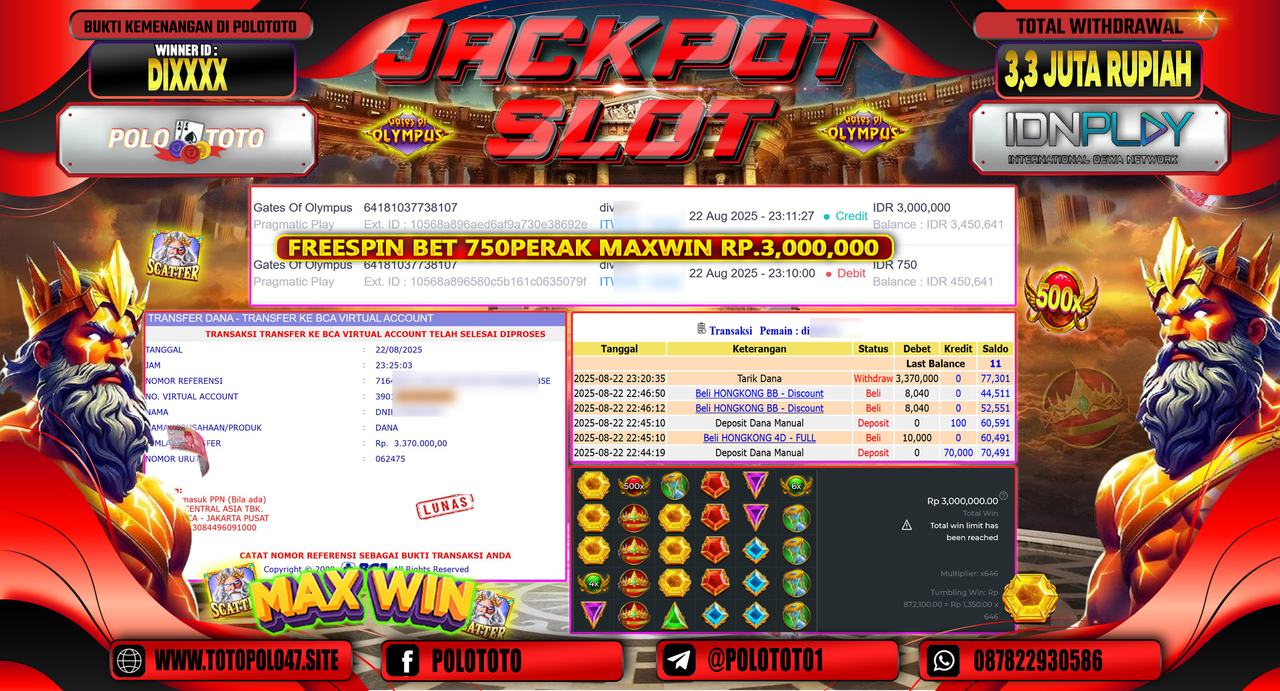 POLOTOTO JACKPOT SLOT GATES OF OLYMPUS Rp.3.370.000,-