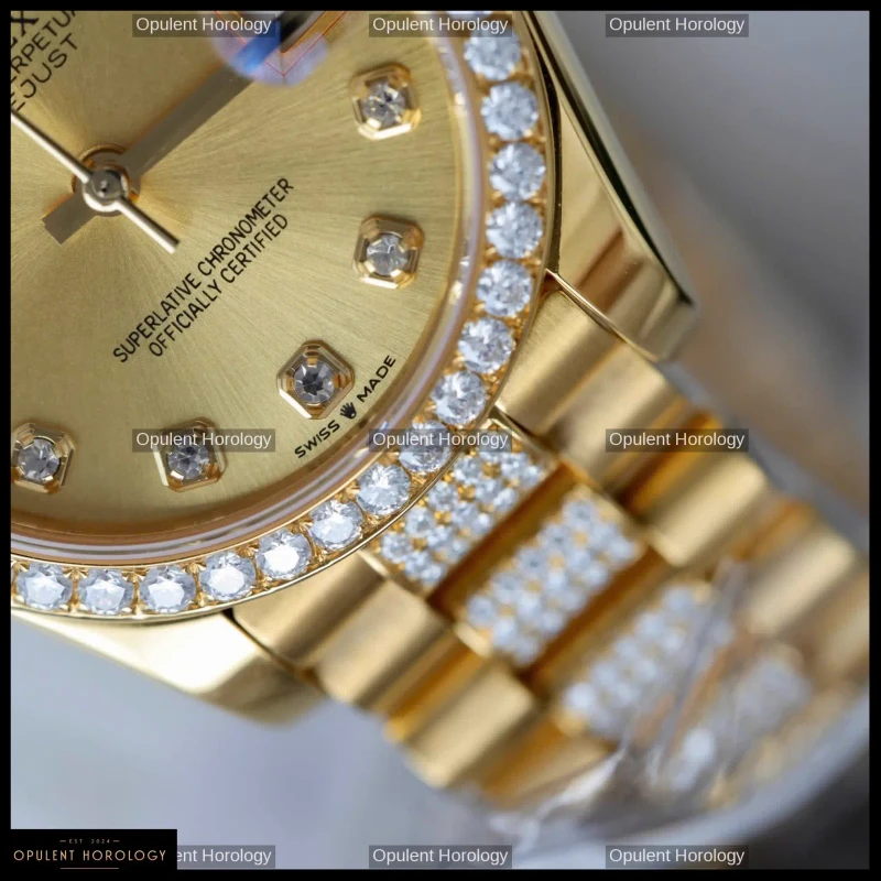 Rolex Datejust Women's Gold Dial Custom Gold Plated Moissanite 31mm - Super Clone