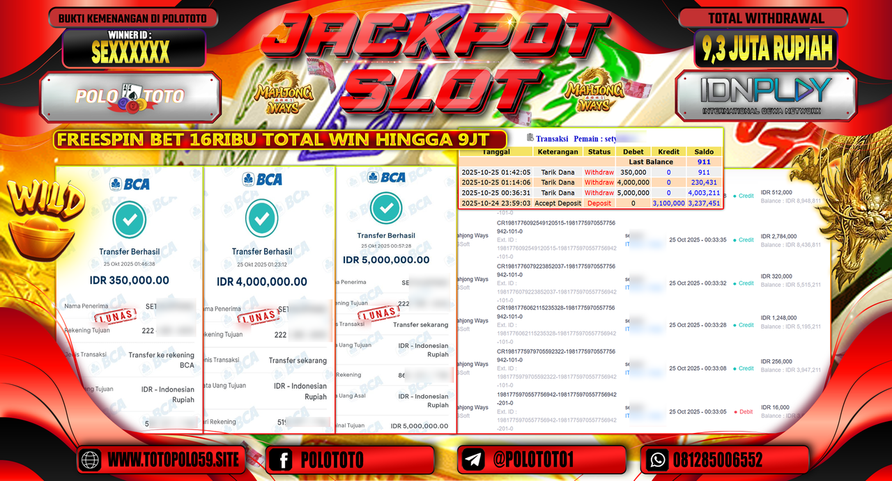 POLOTOTO JACKPOT SLOT MAHJONG WAYS Rp.9.300.000,- LUNAS