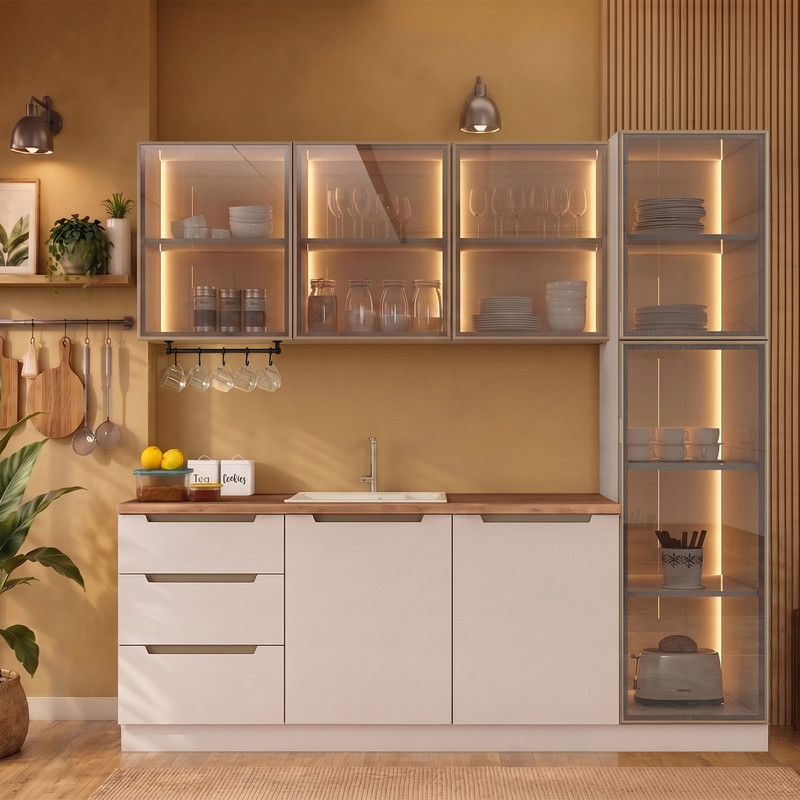 Hera 230 cm Mutfak Dolabı Seti %100 MDF Ledli Boy Dolaplı Çekmeceli Lavabolu Raflı Mutfak Dolabı Takımı 7 Modül Tezgah Dahil Bej