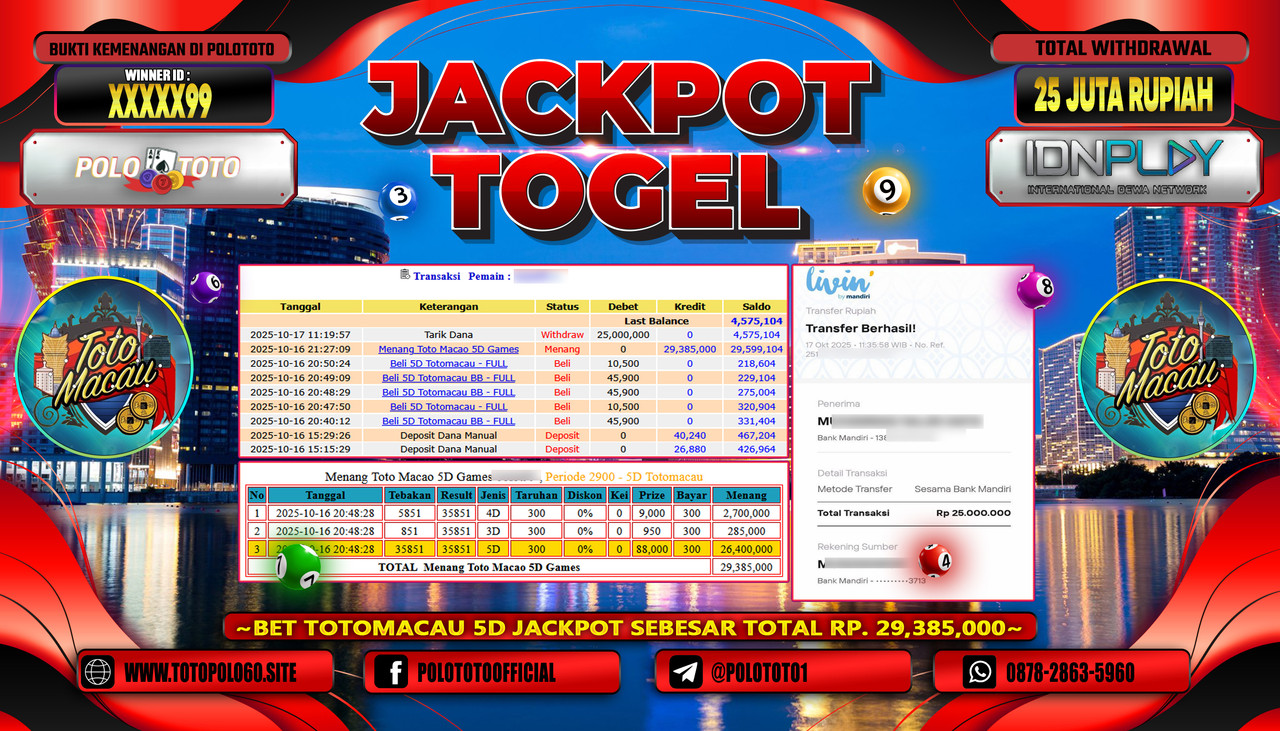 POLOTOTO JACKPOT TOGEL TOTO MACAU Rp.25.000.000,- LUNAS