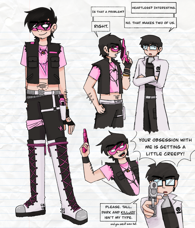 a drawing of my self-insert, mike, dressed as a killjoy. on the side are two doodles of him with gideon from scott pilgrim, dressed as a blind agent. the top exchange goes like this. gideon: heartless? interesting. mike: is that a problem? gideon: no. that makes two of us. mike: right. the bottom one shows mike holding a raygun with his head out the window saying 'your obsession with me is getting a little creepy!' gideon points his gun at him and says 'please. tall dark and killjoy isn't my type' with small text beneath reading 'and you aren't even tall'