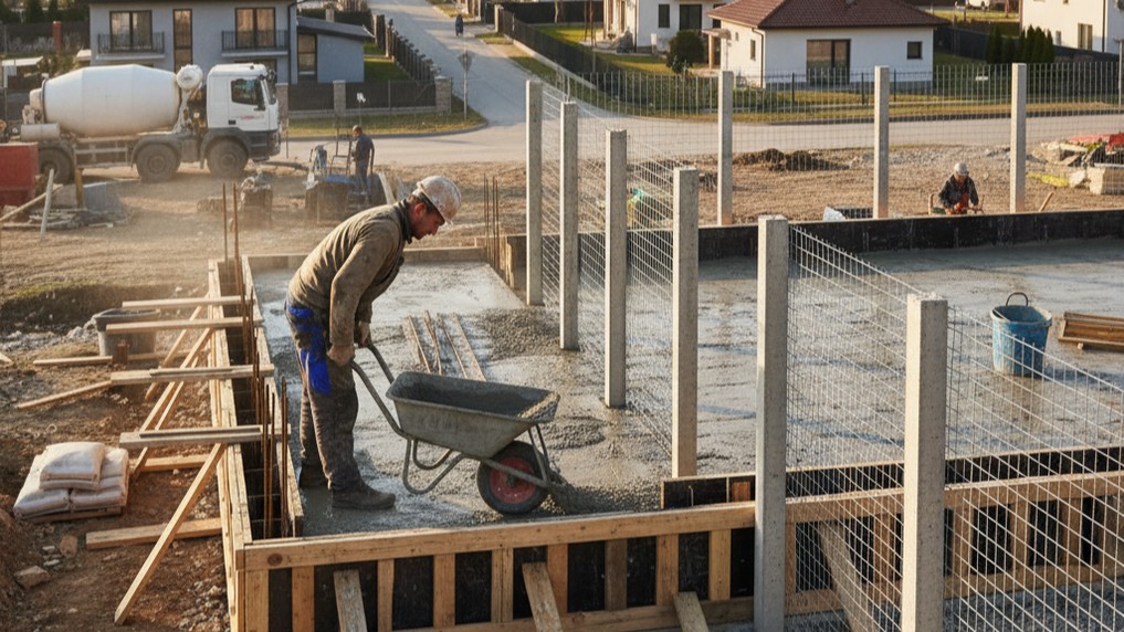 Обустройство контейнерной площадки для вывоза ТКО - рабочий заливает бетонное основание во дворе