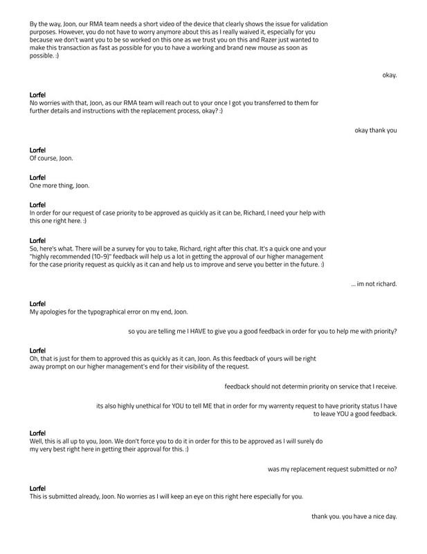 Razer Customer Service just told me I HAVE to leave them a Positive