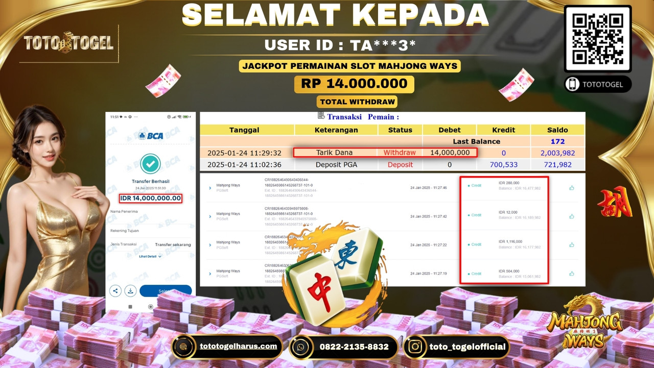 Bukti Pembayaran Jackpot  Permainan Slot Mahjong Ways  ID:TA***3*  LUNAS