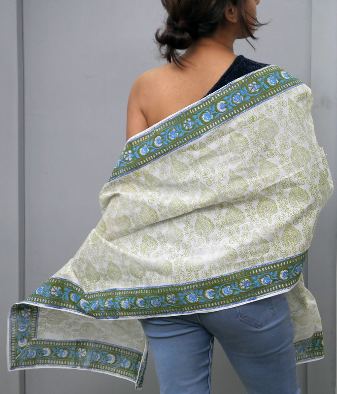 Blue Bloom Border Handblock Printed Cotton Stole