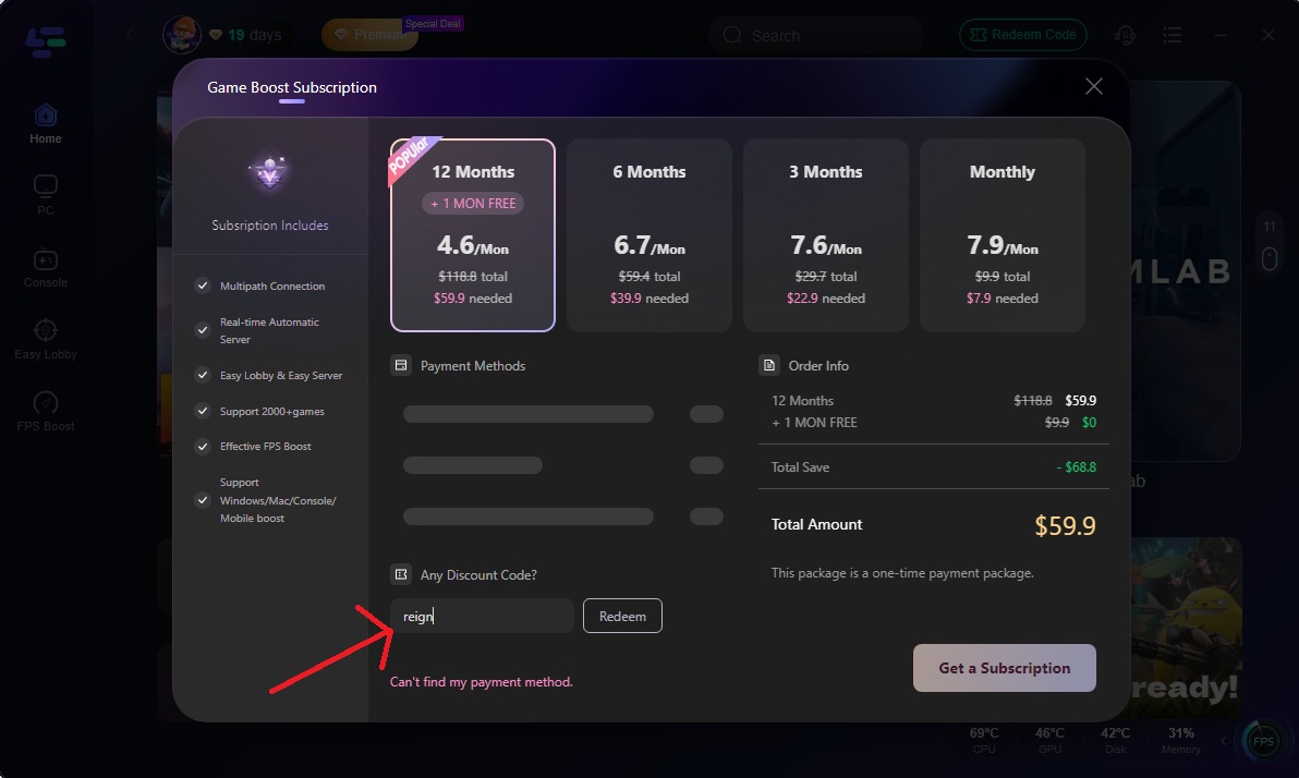 Guide showing how to receive up to 62 percent off a LagoFast subscription