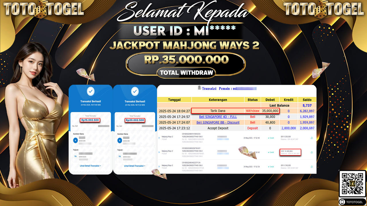 Bukti Pembayaran Jackpot Permainan Slot Mahjong Ways 2 ID:MI***** LUNAS