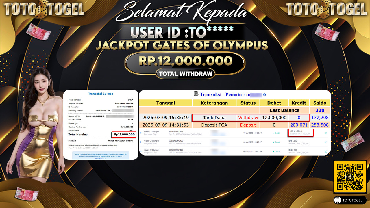 Bukti Pembayaran Jackpot Permainan Slot GATES OF OLYMPUS  ID:TO****LUNAS