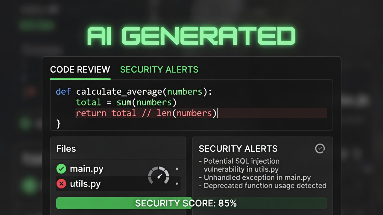 Automated code review dashboard showing AI-generated suggestions and security alerts