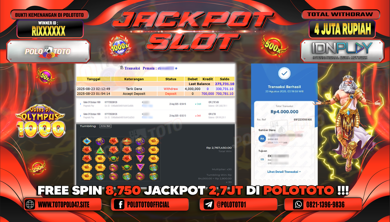 POLOTOTO JACKPOT SLOT GATES OF OLYMPUS 1000 Rp.4.000.000,-