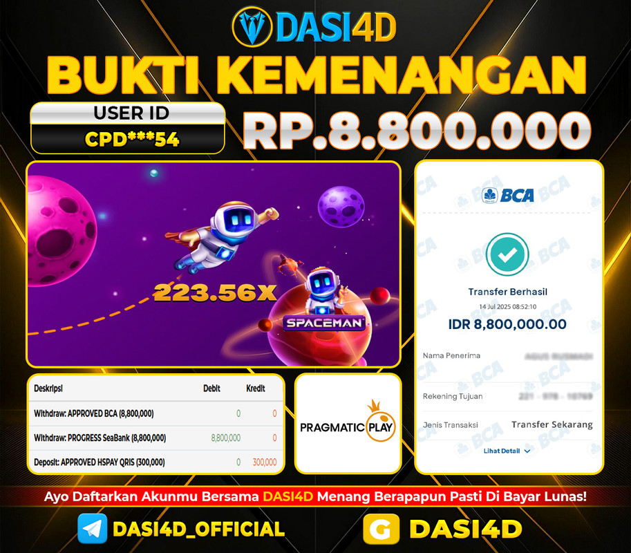 BUKTI KEMENANGAN 14 JULI 2025 DI SPACEMAN RP 8.800.000