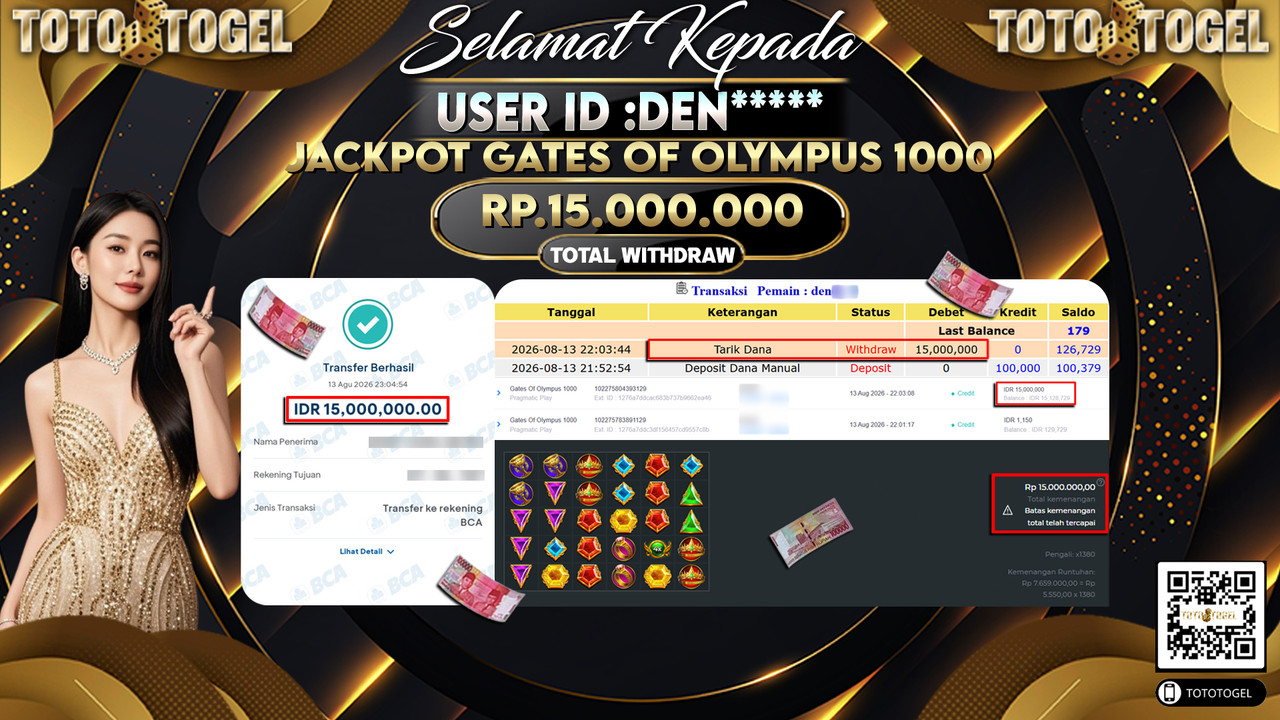 Bukti Pembayaran Jackpot Slot Gates Of Olympus 1000 ID:DEN*****LUNAS