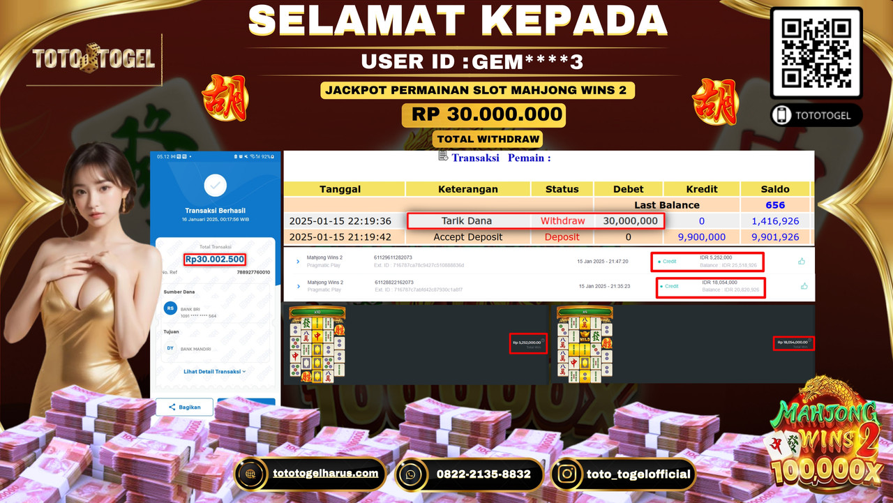 Bukti Pembayaran Jackpot  Permainan Slot Mahjong Wins 2 :GEM****3  LUNAS