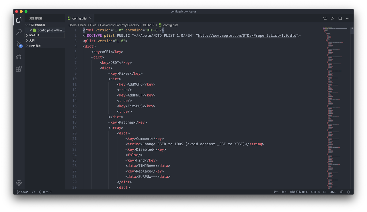 在Visual Studio Code中打开的Clover配置文件