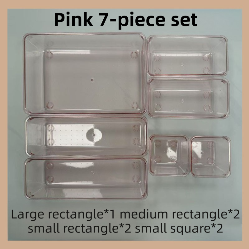 7PCS Pink Transparent Stackable Organizer Set - 4-Size Versatile Desktop & Drawer Divider