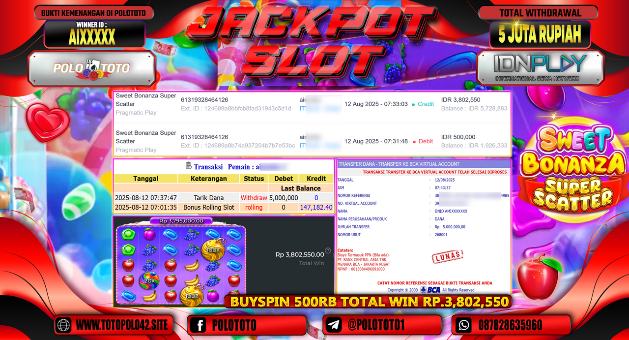 POLOTOTO JACKPOT SLOT SWEET BONANZA SUPER Rp.5.000.000,-LUNAS