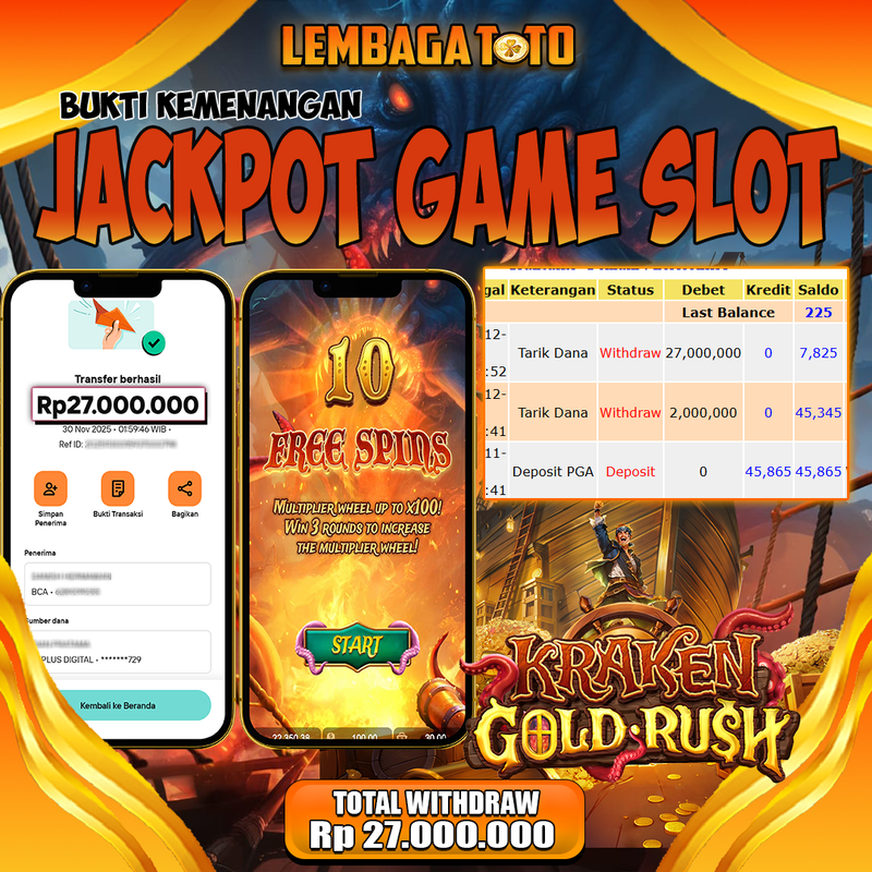 BUKTI JACKPOT 01 DECEMBER LEMBAGATOTO KRAKEN GOLD RUSH Rp.27,000,000,- LUNAS