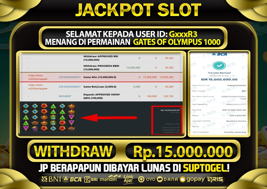  BUKTI KEMENANGAN 7 JULY 2025 MENANG DI PERMAINAN GATES OF OLYMPUS 1000 TOTAL WD 15 JUTA