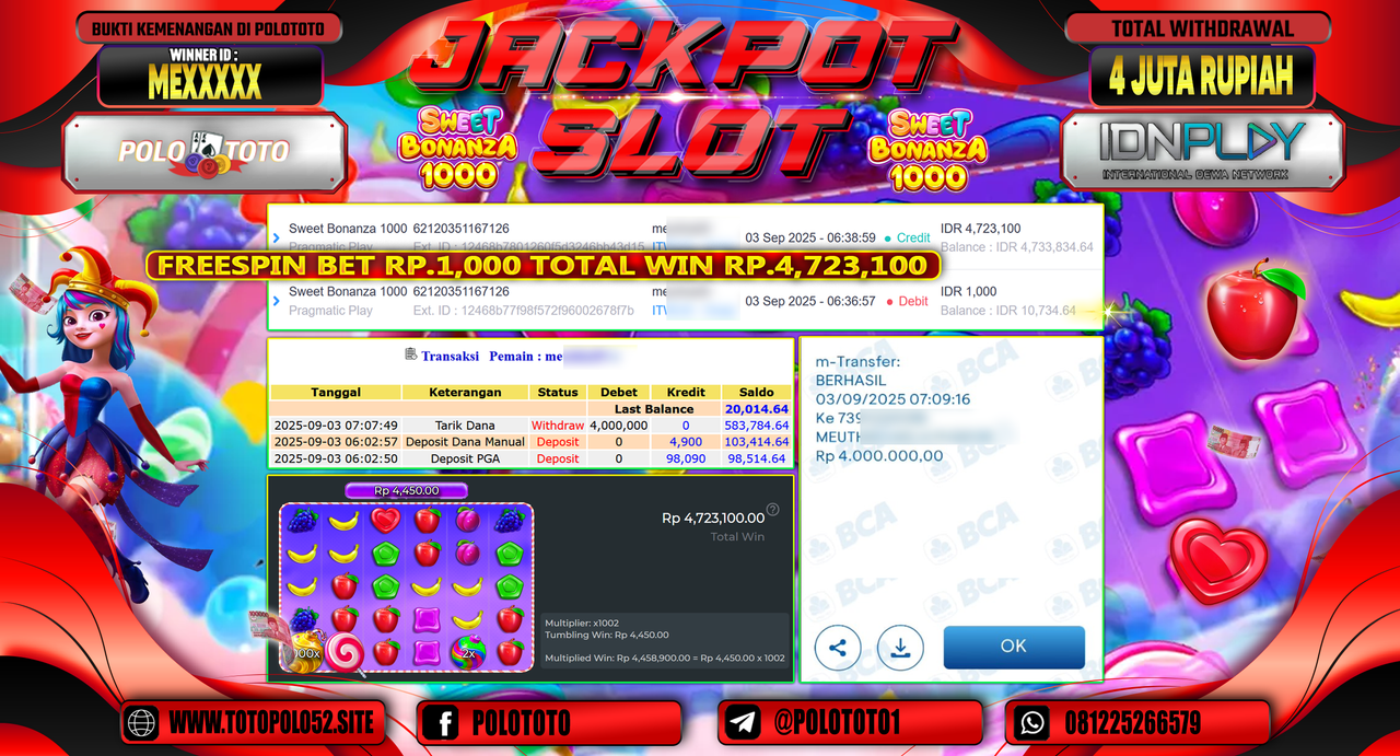 POLOTOTO JACKPOT SLOT SWEET BONANZA 1000 Rp.4.000.000,-