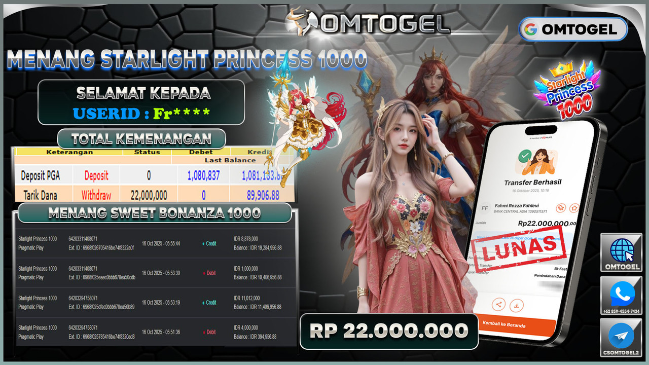 OMTOGEL JACKPOT PRAGMATIC PLAY STARLIGHT PRINCESS 1000 22 JUTA DI BAYAR LUNAS ,-