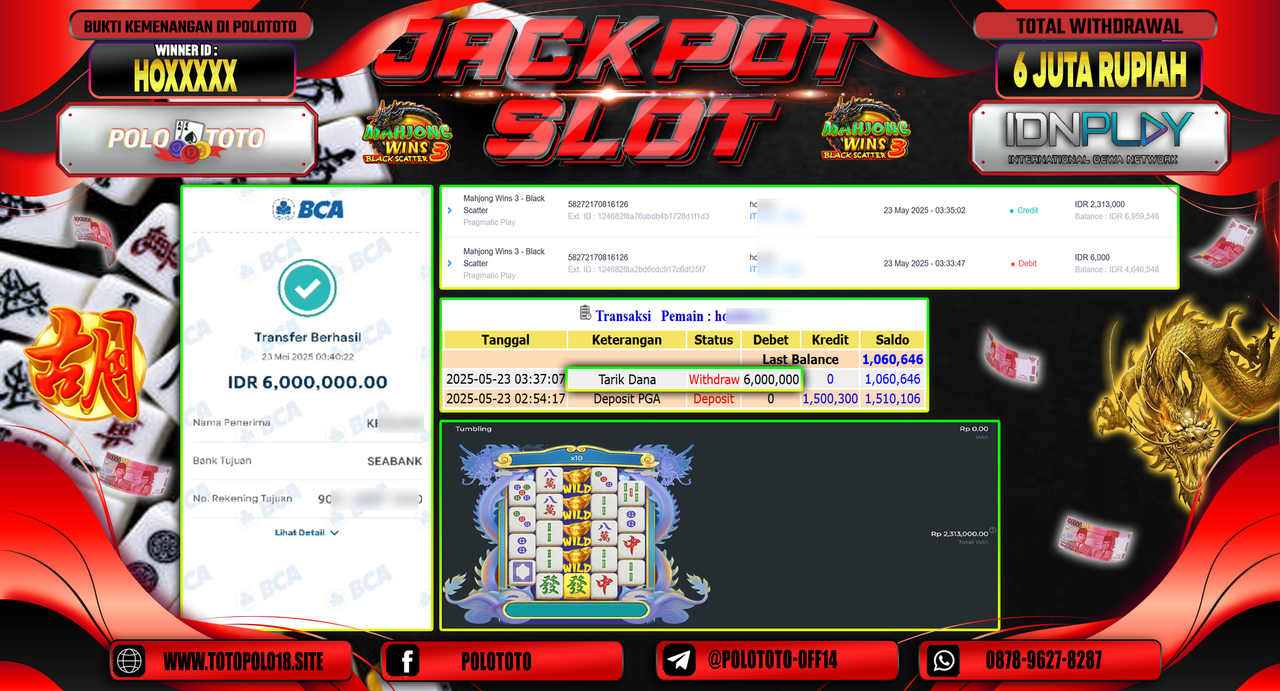 POLOTOTO JACKPOT SLOT MAHJONG WINS 3 - BLACK SCATTER Rp.6.000.000,-