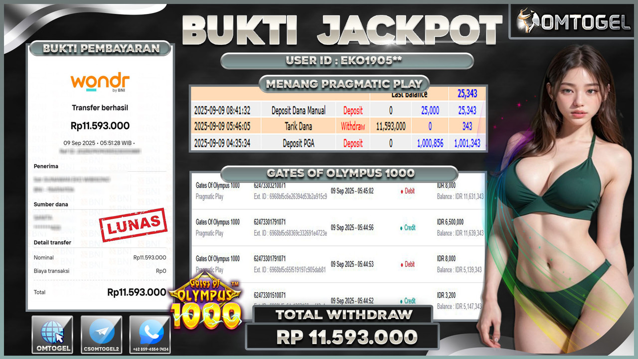 OMTOGEL JACKPOT PRAGMATIC PLAY GATES OF OLYMPUS 1000 11 JUTA DI BAYAR LUNAS ,-