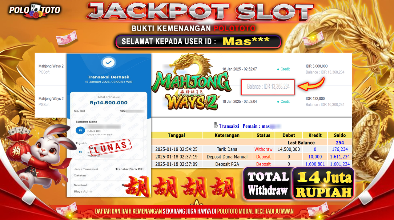 POLOTOTO JACKPOT SLOT MAHJONG WAYS 2 Rp.14,500.000,-