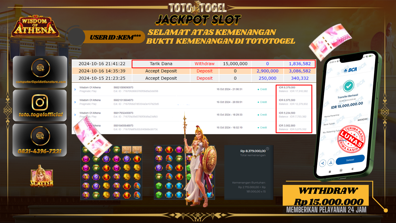 Bukti Kemenangan Permainan Slot Wisdom Of Athena  ID : KEM*** Terbayar Lunas!!