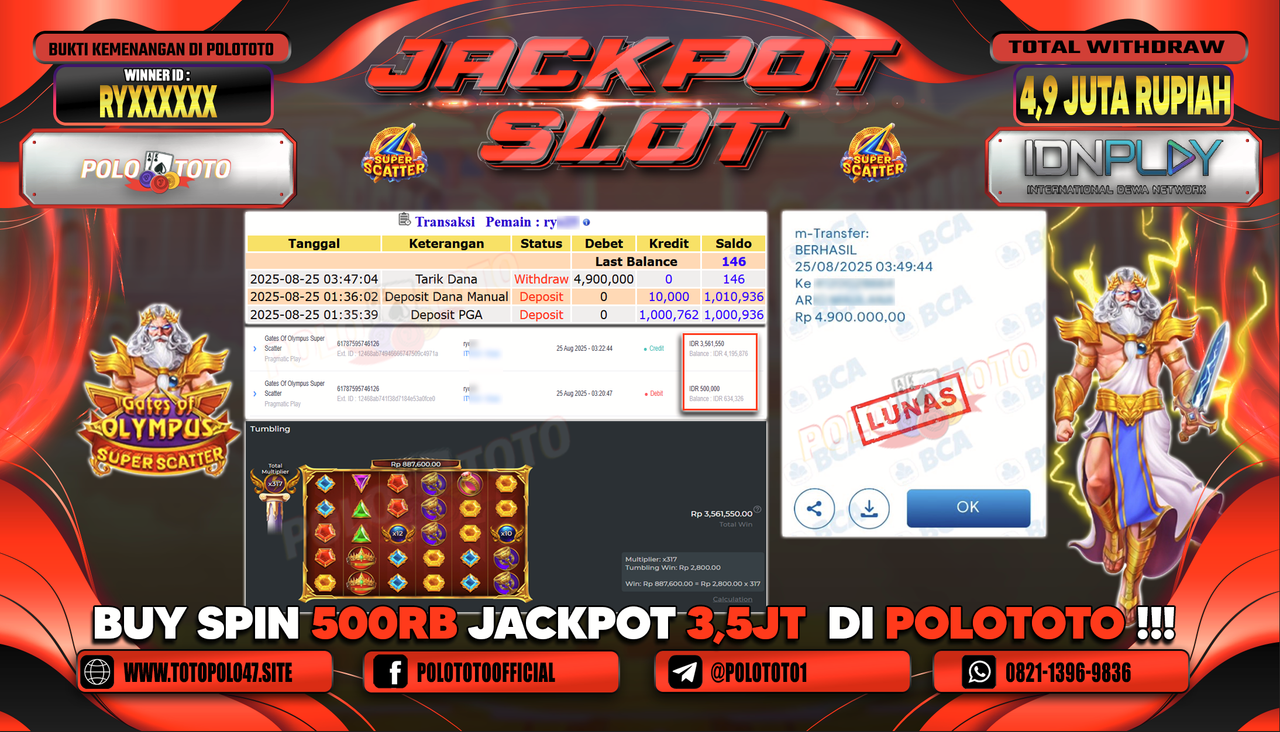 POLOTOTO JACKPOT SLOT GATES OF OLYMPUS SUPER SCATTER Rp.4.900.000,-