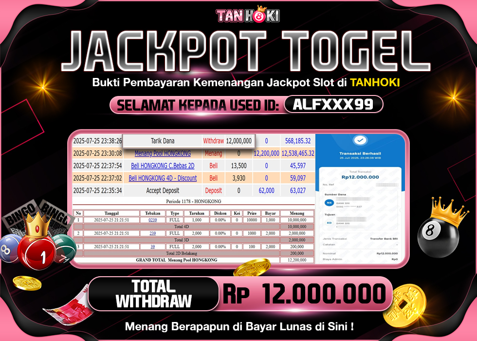 TANHOKI JACKPOT HONGKONG LOTTO Rp.12.000.000 ,- LUNAS