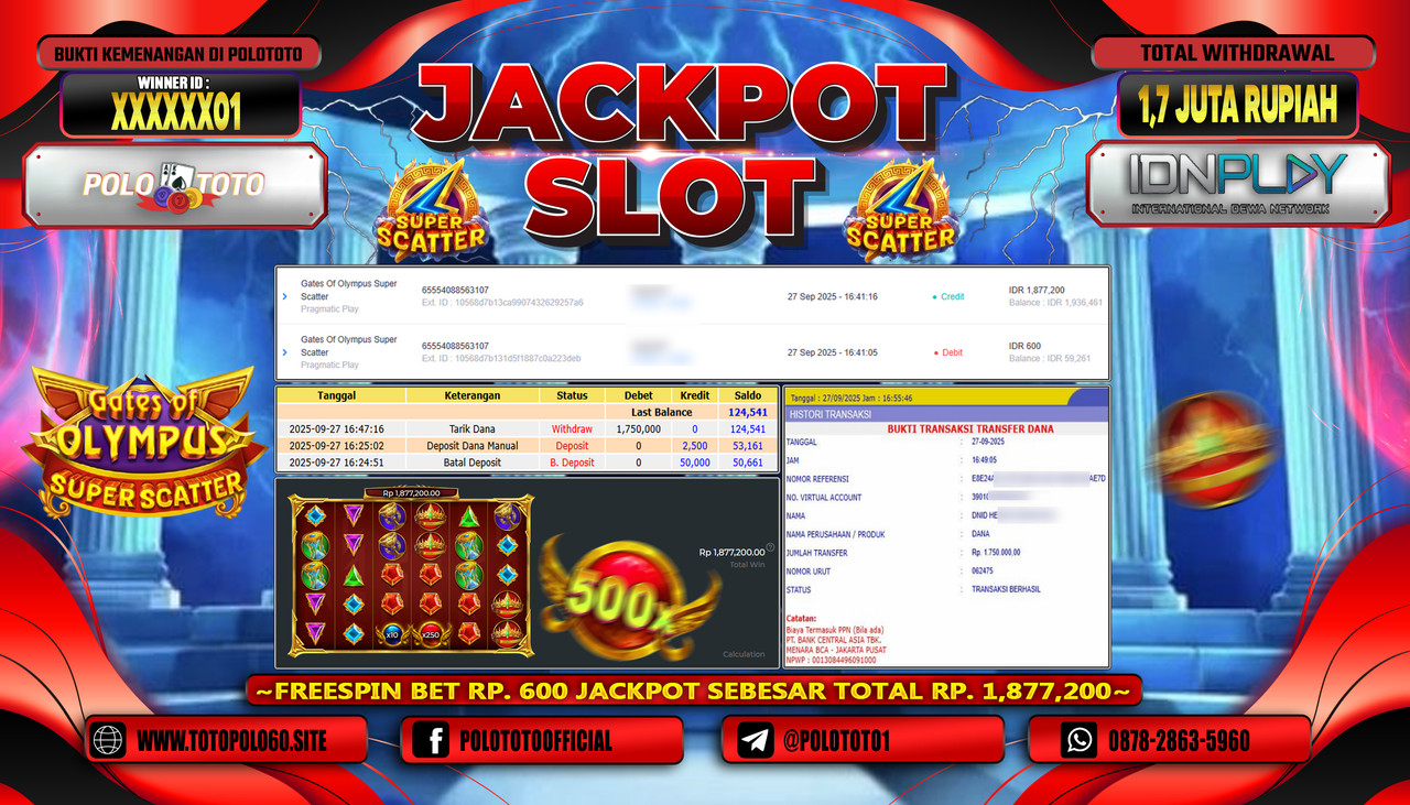 POLOTOTO JACKPOT SLOT GATES OF OLYMPUS SUPER SCATTER Rp.1.700.000,- LUNAS