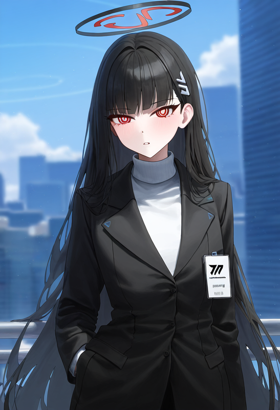 depth of field, 1girl, rio (blue archive), {{flat chest}}, black suit, blue arch s-2278744865