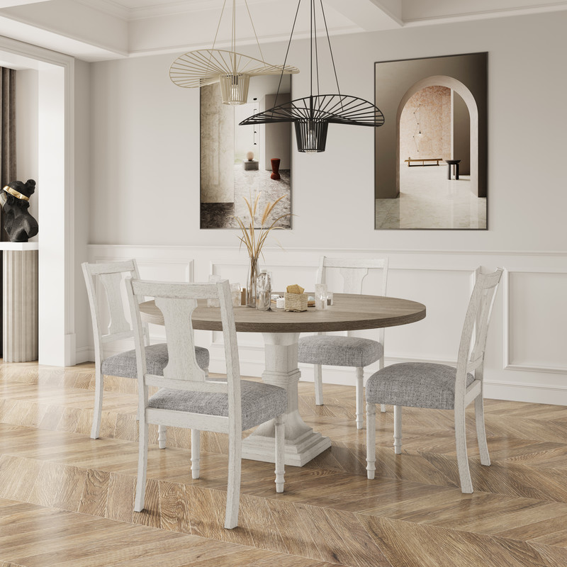 Tannen 59"&quotW Round White And Gray 5-Pc Dining Table Set