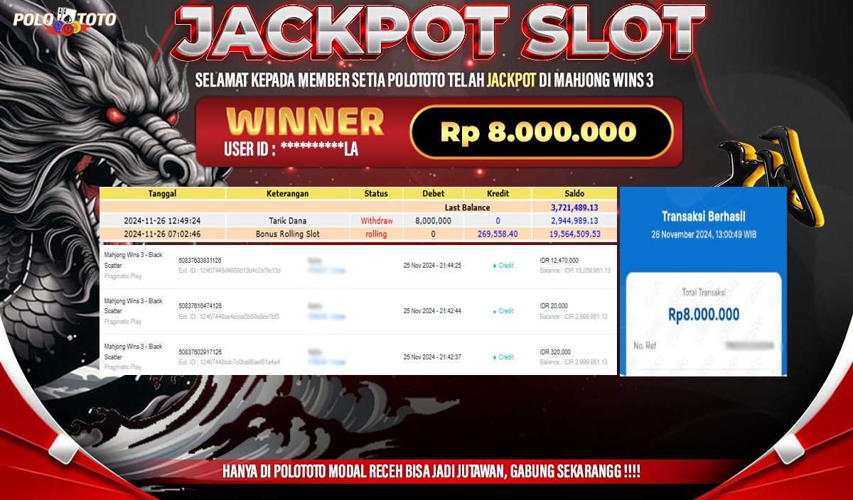 POLOTOTO JACKPOT SLOT MAHJONG WINS 3 - BLACK SCATTER RP.8.000.000,-