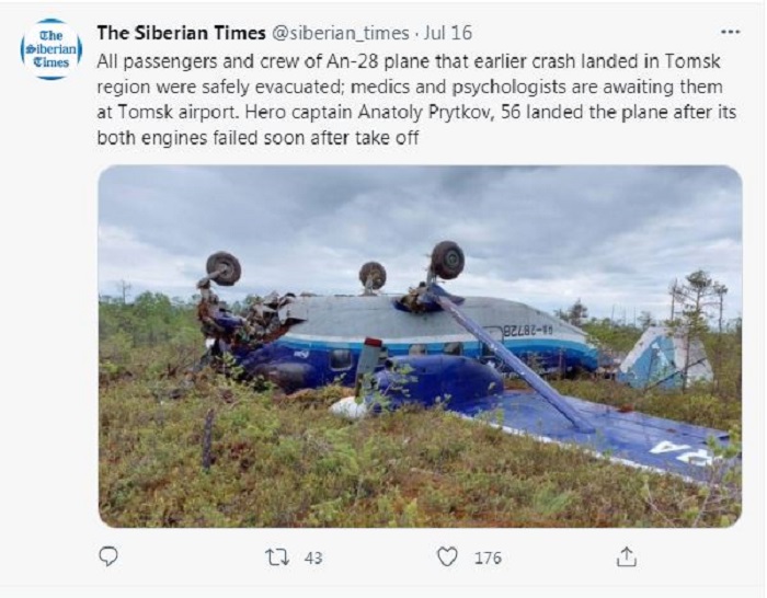 Kondisi pesawat Antonov An-28 yang kecelakaan di Siberia.