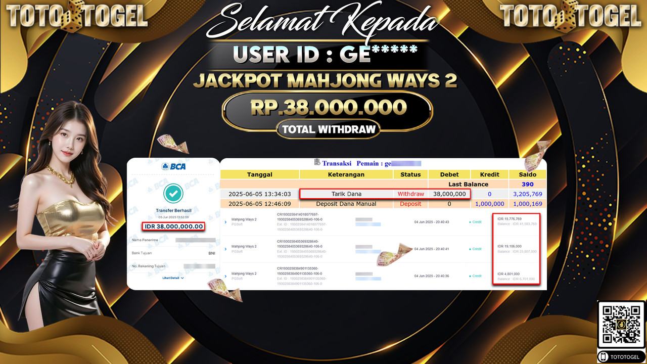 Bukti Pembayaran Jackpot Permainan Slot Mahjong Ways 2 ID:GE***** LUNAS