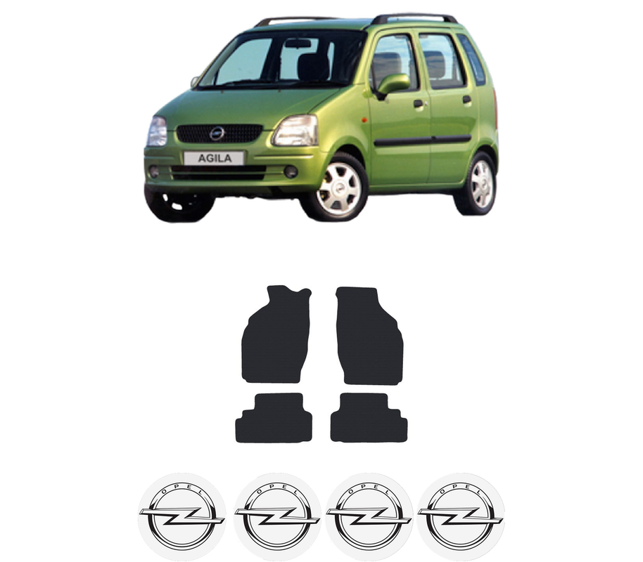 Set Covorase Presuri OPEL AGILA A (H00) din 2000-2007, Auto, Material Textil Mocheta, 4 Stickere auto cu OPEL
