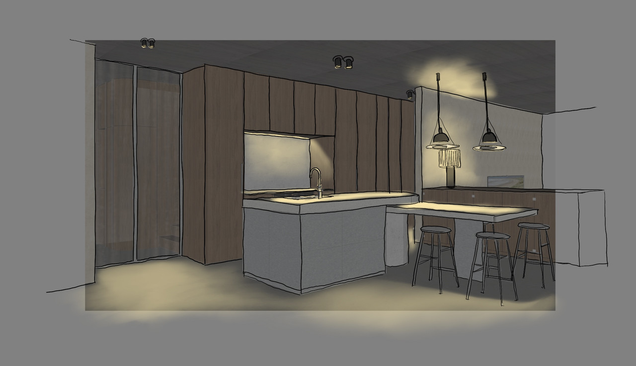 Kitchen in a single-family home with thoughtful lighting design for work surfaces, materials, and living-kitchen use