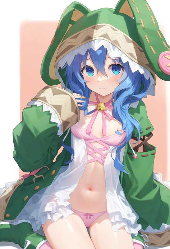 1girl, yoshino (date a live), blue hair, blue eye, Green Coat, animal hood down, s-84869626