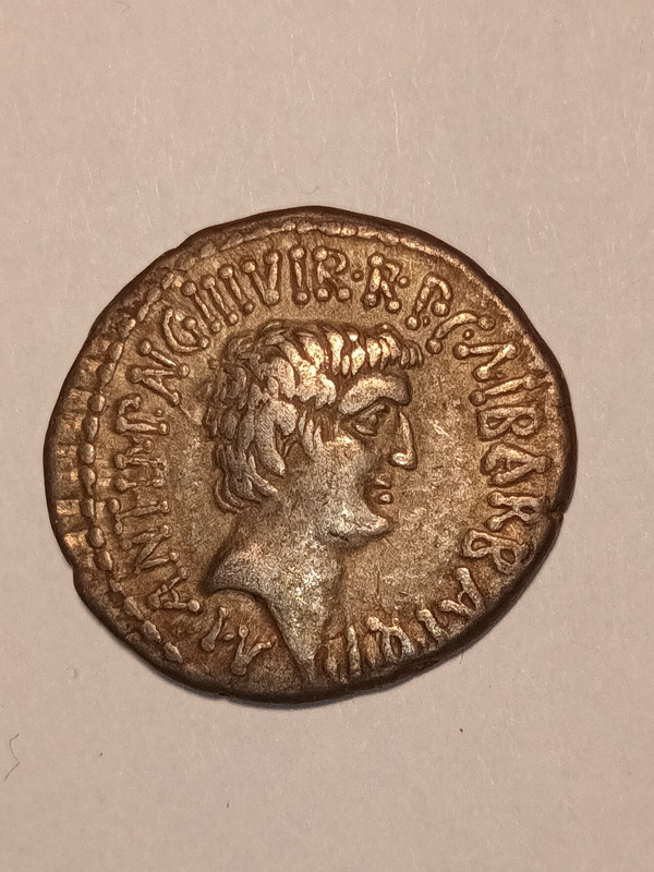 Denario gens Antonia. CAESAR. IMP. PONT. III. VIR. R. P. C. Busto desnudo de Octavio a dcha. Éfeso. 20230423-212241