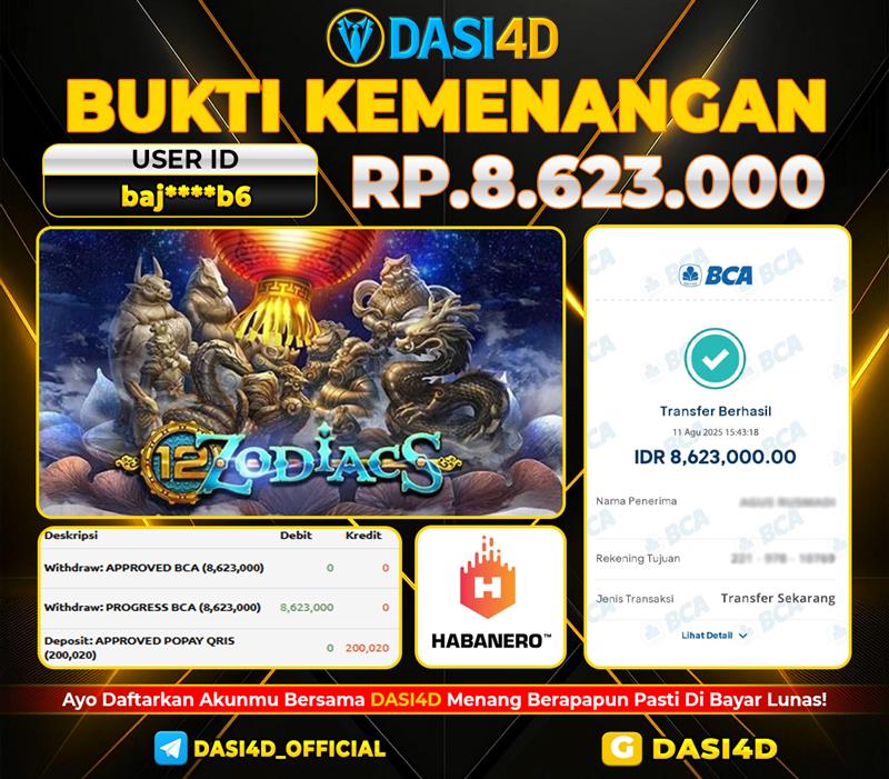 BUKTI KEMENANGAN 11 AGUSTUS 2025 DI 12 ZODIACS WD 8.623.000