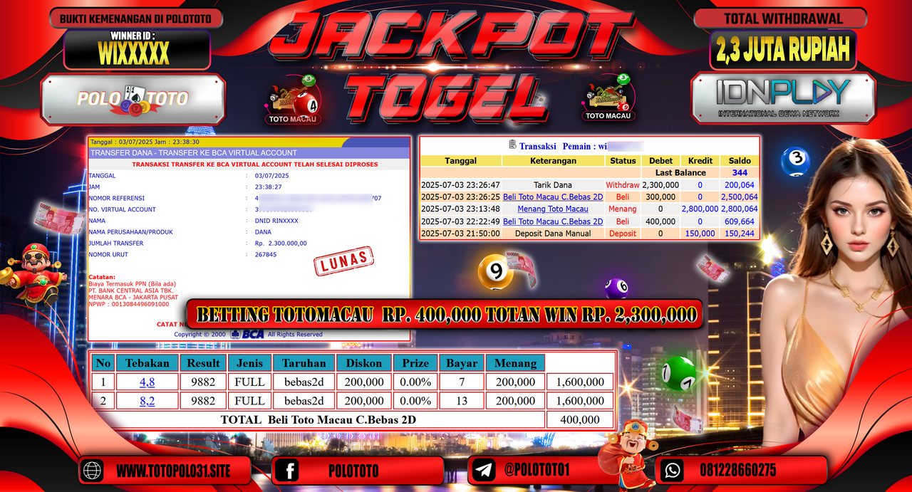 POLOTOTO JACKPOT TOGEL TOTO MACAU Rp.2.300.000,-
