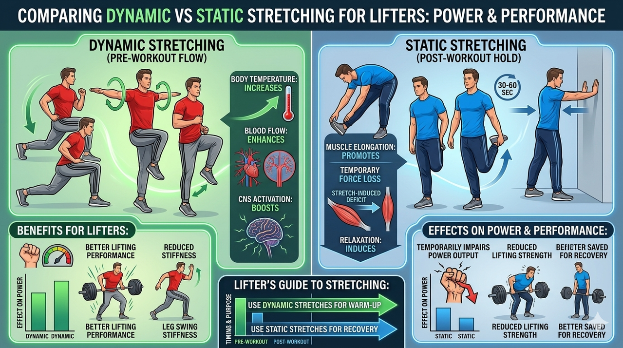 Infographic comparing dynamic stretching and static stretching effects on power strength and performance for weight lifters