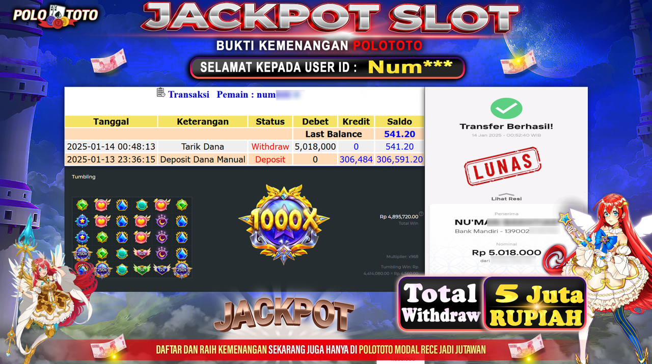POLOTOTO JACKPOT SLOT STARLIGHT PRINCESS 1000 Rp.5,018.000,-