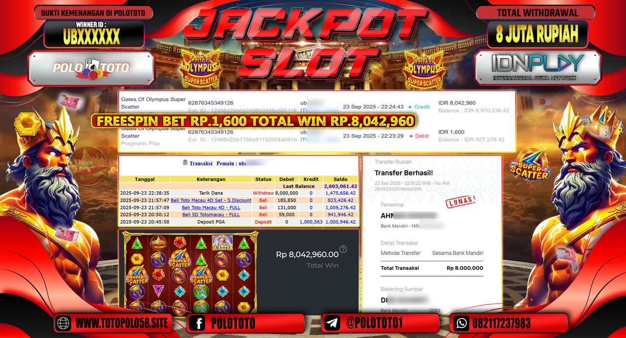 POLOTOTO JACKPOT SLOT GATES OF OLYMPUS SUPER SCATTER Rp.8.000.000,- LUNAS